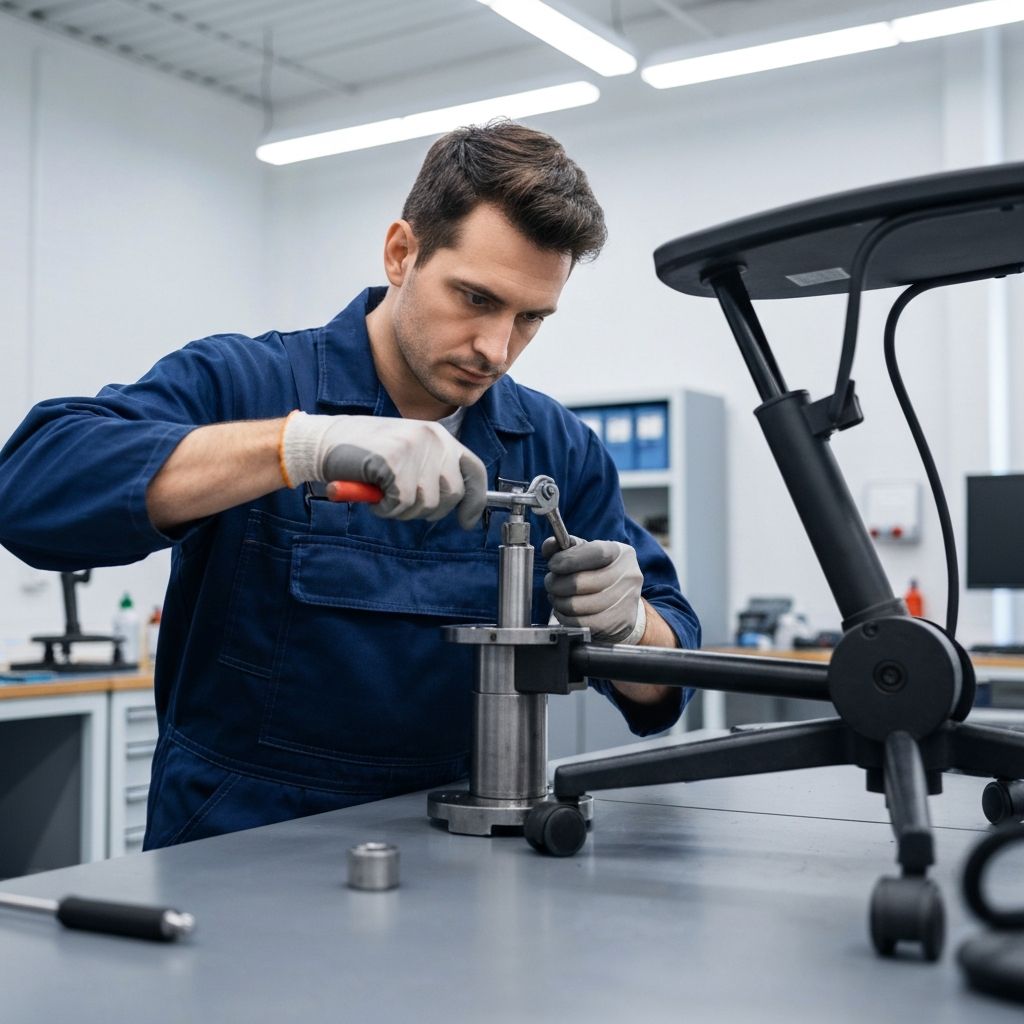 SS Office Chair Repair technician fixing a gas lift cylinder